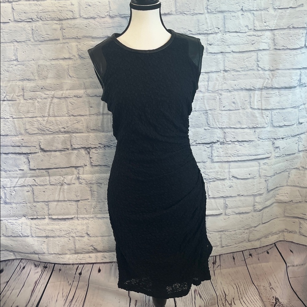 Sea New York Cocktail Dress Black Ruched Lamb Leather Trim Size 8 Lace Stretch